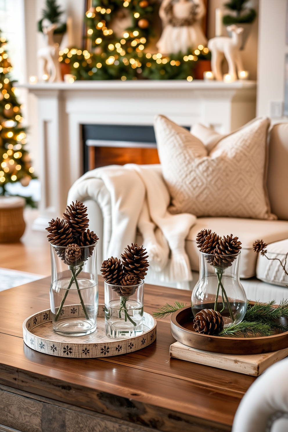 A cozy living room adorned for winter. Glass vases filled with pinecones are strategically placed on the coffee table, adding a natural touch to the space. Soft white blankets are draped over the arm of a plush sofa. A warm, inviting atmosphere is created with ambient lighting and seasonal decorations throughout the room.