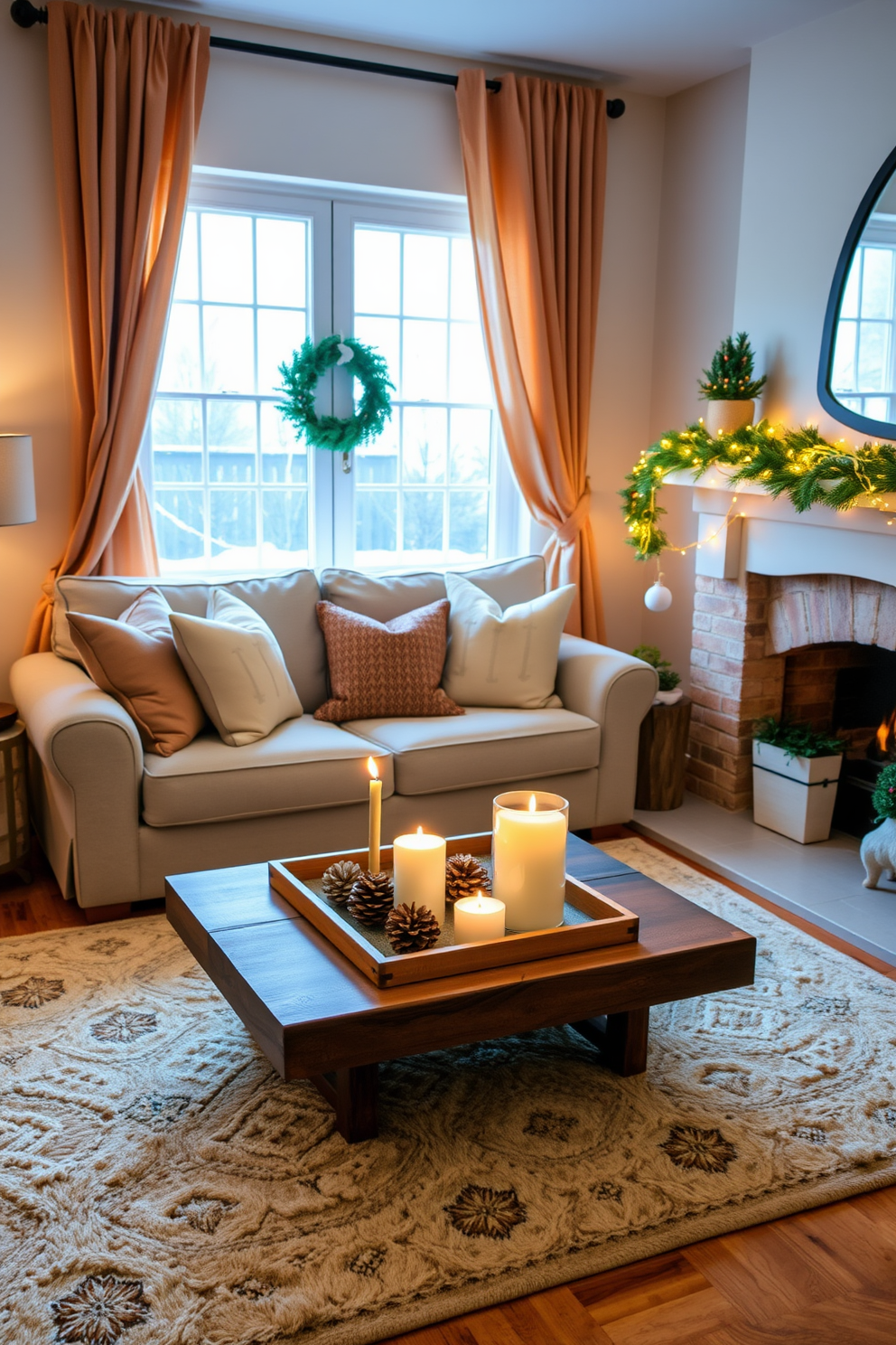 A cozy living room adorned for winter. The space features a plush sofa with soft throw pillows, and warm-toned curtains drape elegantly by the windows, inviting natural light while adding a touch of warmth to the atmosphere. A rustic coffee table sits at the center, adorned with a decorative tray holding candles and pinecones. A soft area rug in neutral tones anchors the space, while twinkling fairy lights delicately wrap around the mantel, creating a warm and inviting ambiance.