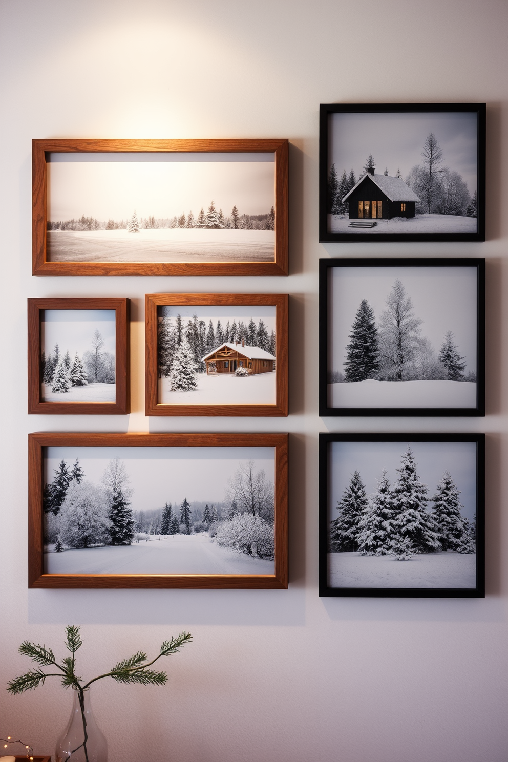 Create a gallery wall featuring a collection of winter-themed photographs showcasing snowy landscapes, cozy cabins, and frosted trees. The frames should be a mix of rustic wood and sleek black to create a warm yet modern aesthetic. Incorporate soft lighting to highlight the artwork, enhancing the winter ambiance. Add decorative elements like small evergreen branches or white fairy lights to bring a touch of the season into the space.