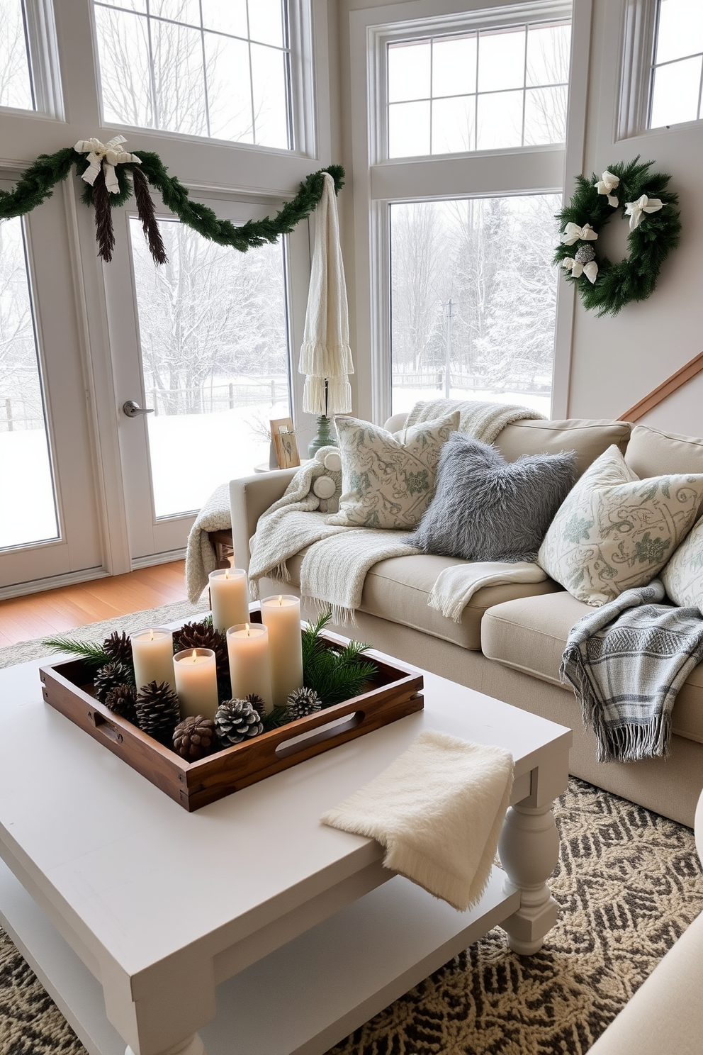 A cozy living room adorned with winter decorations. A decorative tray on the coffee table holds pinecones, candles, and a small evergreen arrangement. Soft blankets and plush pillows in shades of white and gray are scattered across the sofa. A large window showcases a snowy landscape outside, enhancing the warm ambiance inside.