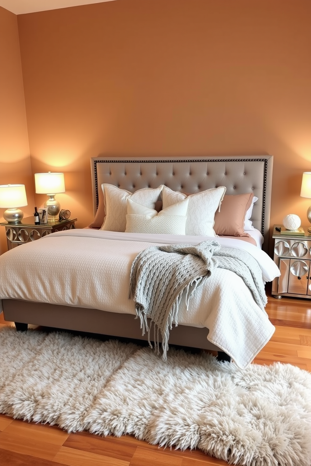 A cozy bedroom setting featuring a plush king-sized bed dressed in soft, textured bedding with layers of blankets and decorative pillows. The walls are painted in a warm, inviting color, and a knitted throw is draped over the foot of the bed for added warmth. On the nightstands, there are elegant lamps with soft, diffused lighting that create a serene atmosphere. A large, fluffy area rug covers the hardwood floor, adding a touch of comfort and warmth to the winter decor.