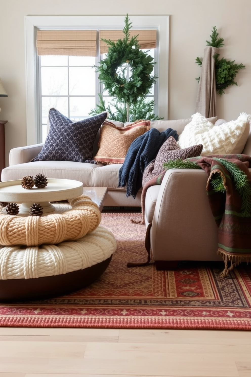 Layered rugs in varying sizes and textures create a cozy and inviting atmosphere in the living room. The base rug is a large neutral tone, while a smaller, patterned rug adds visual interest and warmth. Winter decorating ideas include soft throws and pillows in rich, warm colors to enhance comfort during the colder months. Incorporating natural elements like pinecones and evergreen branches brings a seasonal touch to the decor.