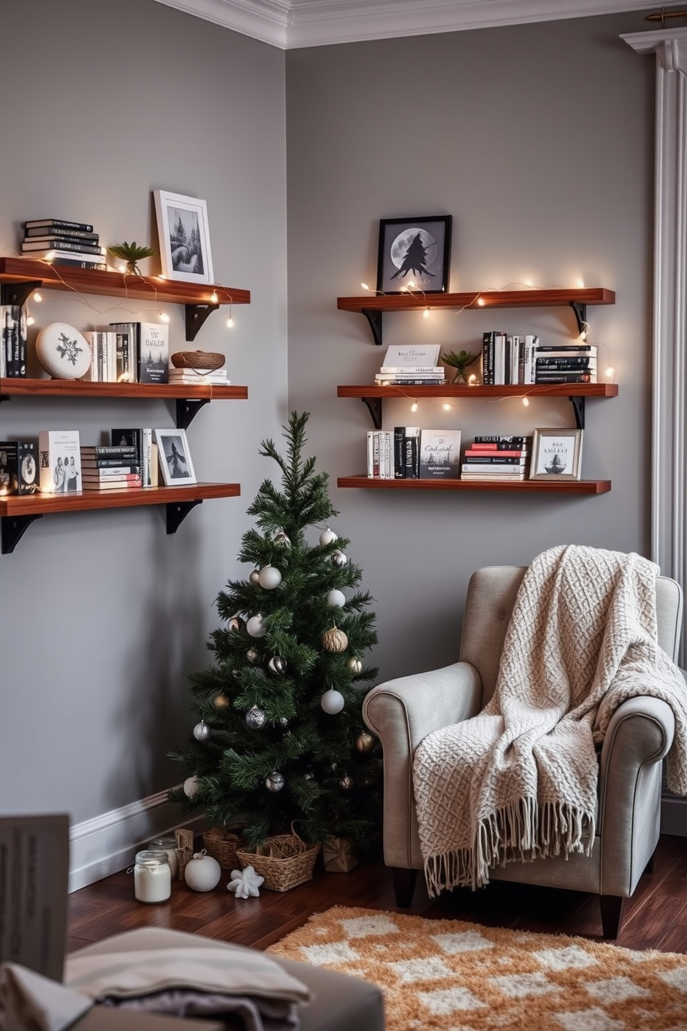 A cozy living room adorned with winter-themed books displayed on elegant wooden shelves. The shelves are decorated with white fairy lights, and a plush throw blanket drapes over a nearby armchair. The walls are painted in a soft gray hue, creating a serene backdrop for the seasonal decor. A small evergreen tree sits in the corner, surrounded by decorative ornaments and a warm, inviting rug underfoot.