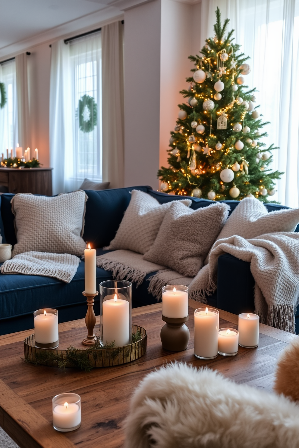 Create a cozy winter living room setting filled with candles in varying heights placed on a rustic wooden coffee table. Soft blankets and plush cushions in neutral tones are scattered across a deep blue sofa, enhancing the warm atmosphere. In the background, a beautifully decorated Christmas tree stands adorned with twinkling lights and elegant ornaments. The windows are draped with sheer white curtains, allowing natural light to filter in and create a serene ambiance.