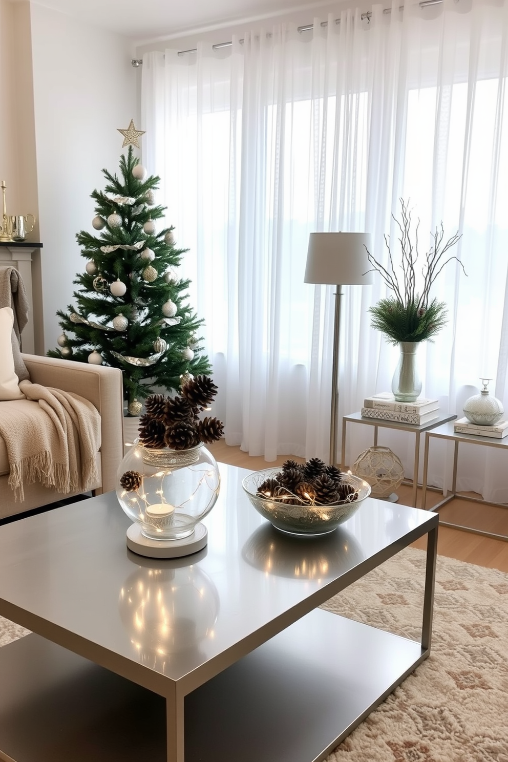 A cozy living room adorned for winter. A plush sofa draped with a soft throw blanket sits beside a sleek metallic coffee table, while shimmering silver accents are placed throughout the space. A festive centerpiece made of pinecones and twinkling fairy lights rests on the table. The windows are dressed with sheer white curtains, allowing natural light to illuminate the room and highlight the warm tones of the decor.