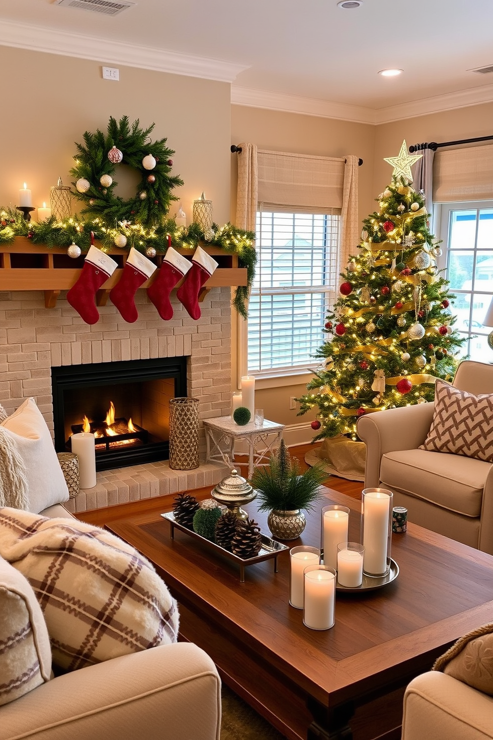 Create a cozy living room scene adorned with festive stockings hanging from a beautifully decorated mantle. The room features a warm color palette with plush furniture, twinkling lights, and a beautifully decorated Christmas tree in the corner. Incorporate winter-themed decorations such as snowflake ornaments and pinecone centerpieces on the coffee table. Soft blankets and seasonal candles add to the inviting ambiance, creating a perfect winter retreat.