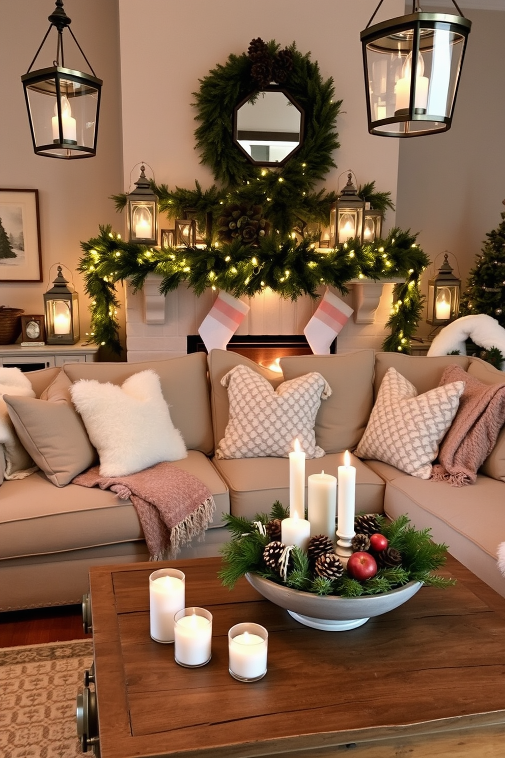 A cozy living room adorned with decorative lanterns casting a warm glow throughout the space. Plush throws and cushions in soft winter hues are arranged on a large sectional sofa, creating an inviting atmosphere. The mantel is elegantly decorated with evergreen garlands and twinkling fairy lights, enhancing the seasonal charm. A rustic coffee table holds a collection of winter-themed candles and a decorative bowl filled with pinecones and seasonal fruits.