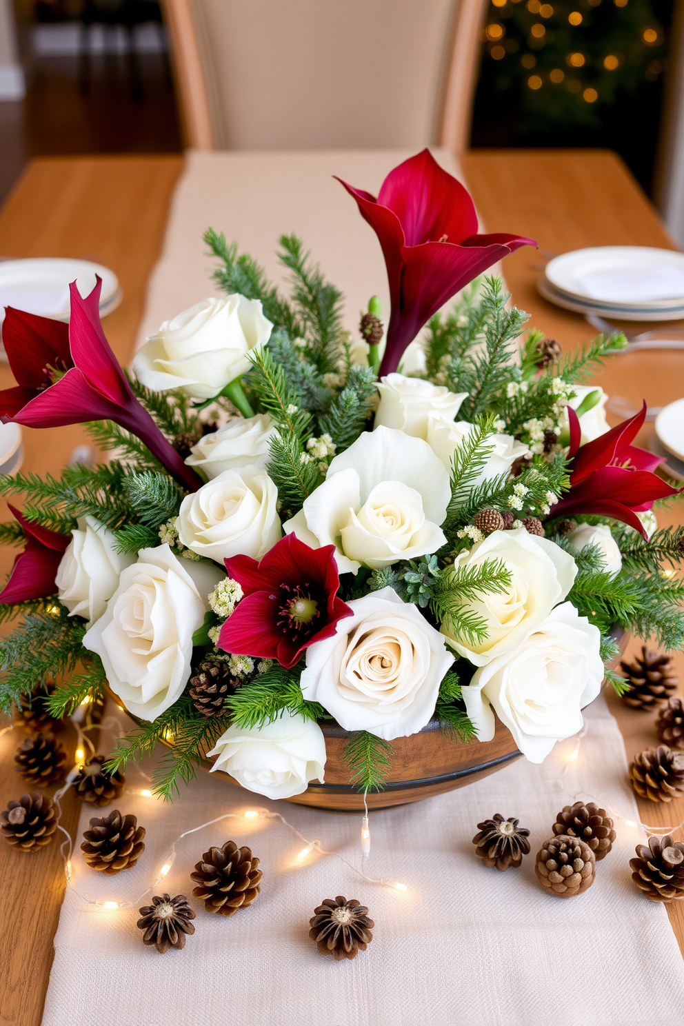 A beautiful centerpiece featuring an assortment of winter florals. The arrangement includes white roses, deep red amaryllis, and evergreen sprigs, elegantly displayed in a rustic wooden bowl. Surround the centerpiece with small pinecones and twinkling fairy lights for a cozy ambiance. The backdrop consists of a soft linen table runner in a neutral tone, enhancing the seasonal charm.