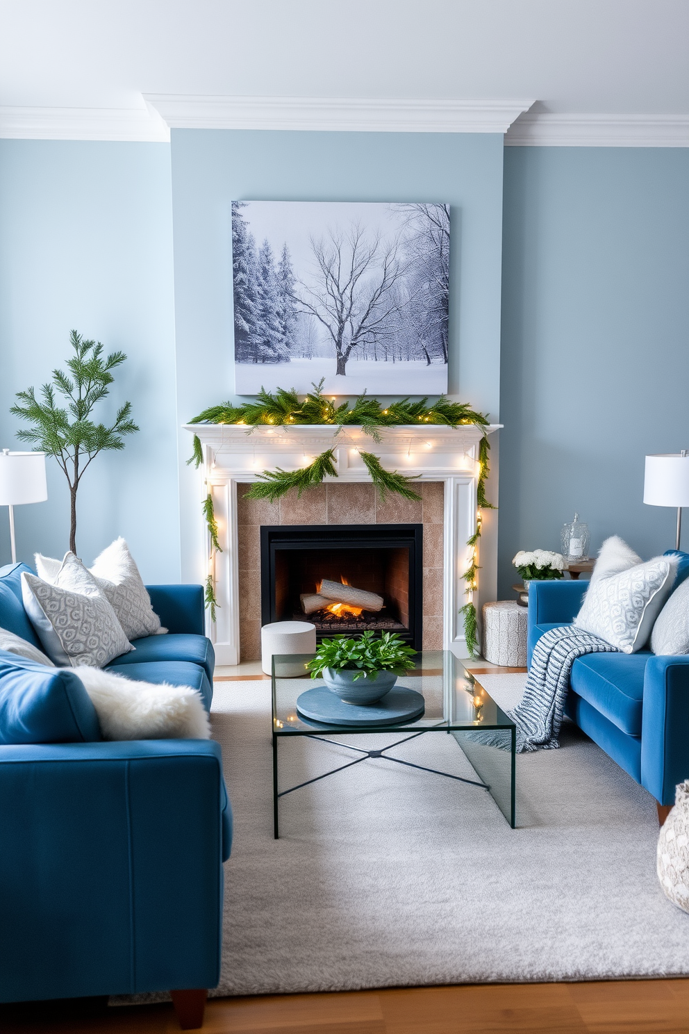 A serene living room adorned with soft blue tones and cozy textures. A plush blue sofa is complemented by white and gray throw pillows, while a sleek glass coffee table sits in the center. The walls are painted in a light icy blue, creating a tranquil atmosphere. A large winter-themed artwork hangs above the fireplace, which is decorated with evergreen branches and twinkling fairy lights.