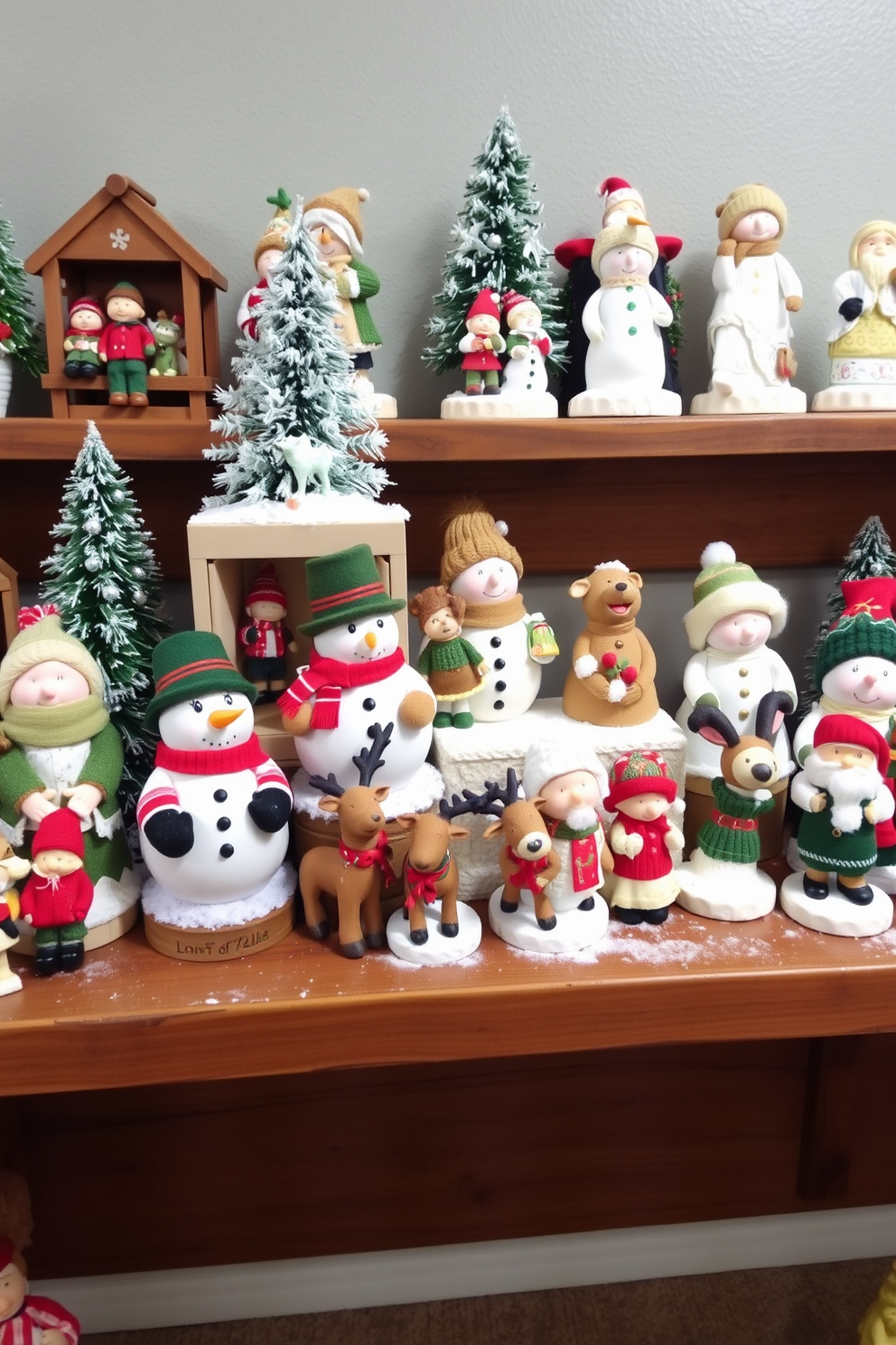 A charming winter display featuring an assortment of figurines in cozy settings. The collection includes snowmen, reindeer, and holiday-themed characters arranged on a rustic wooden shelf.