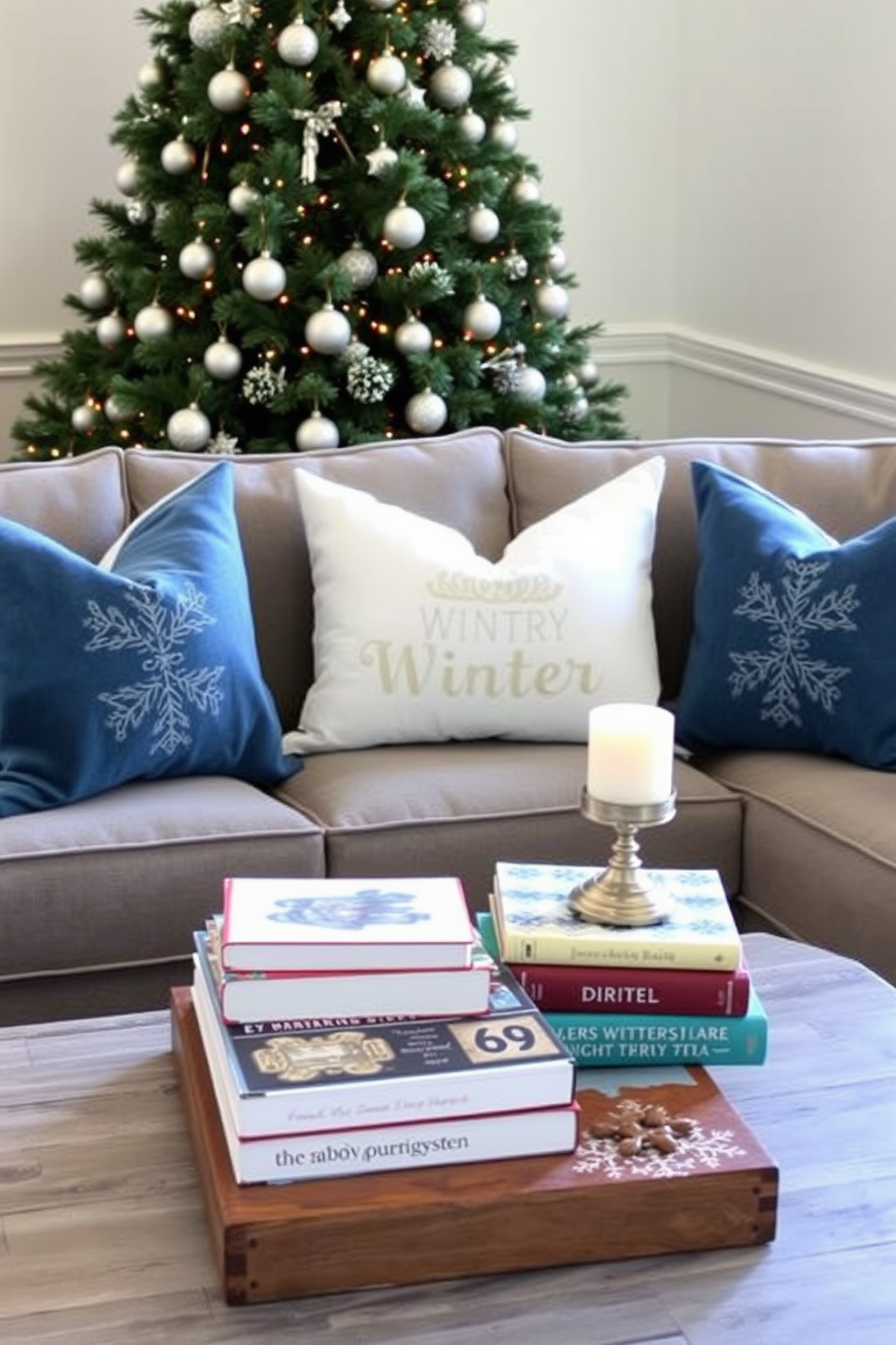 Create a cozy living room setting featuring a plush sofa adorned with winter-themed throw pillows in shades of blue and white. The pillows showcase snowflake patterns and soft textures that invite warmth and comfort during the chilly season. In the background, a beautifully decorated evergreen tree stands tall, adorned with twinkling lights and silver ornaments. A rustic coffee table holds a stack of seasonal books and a fragrant candle, enhancing the winter ambiance.