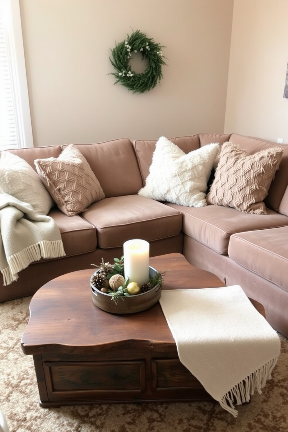 A cozy living room setting designed for winter. There are large plush pillows arranged on a deep sectional sofa, creating an inviting space for relaxation. The walls are adorned with warm, neutral tones, and a soft throw blanket is draped over the arm of the sofa. A rustic wooden coffee table sits in front, topped with seasonal decor and a scented candle.