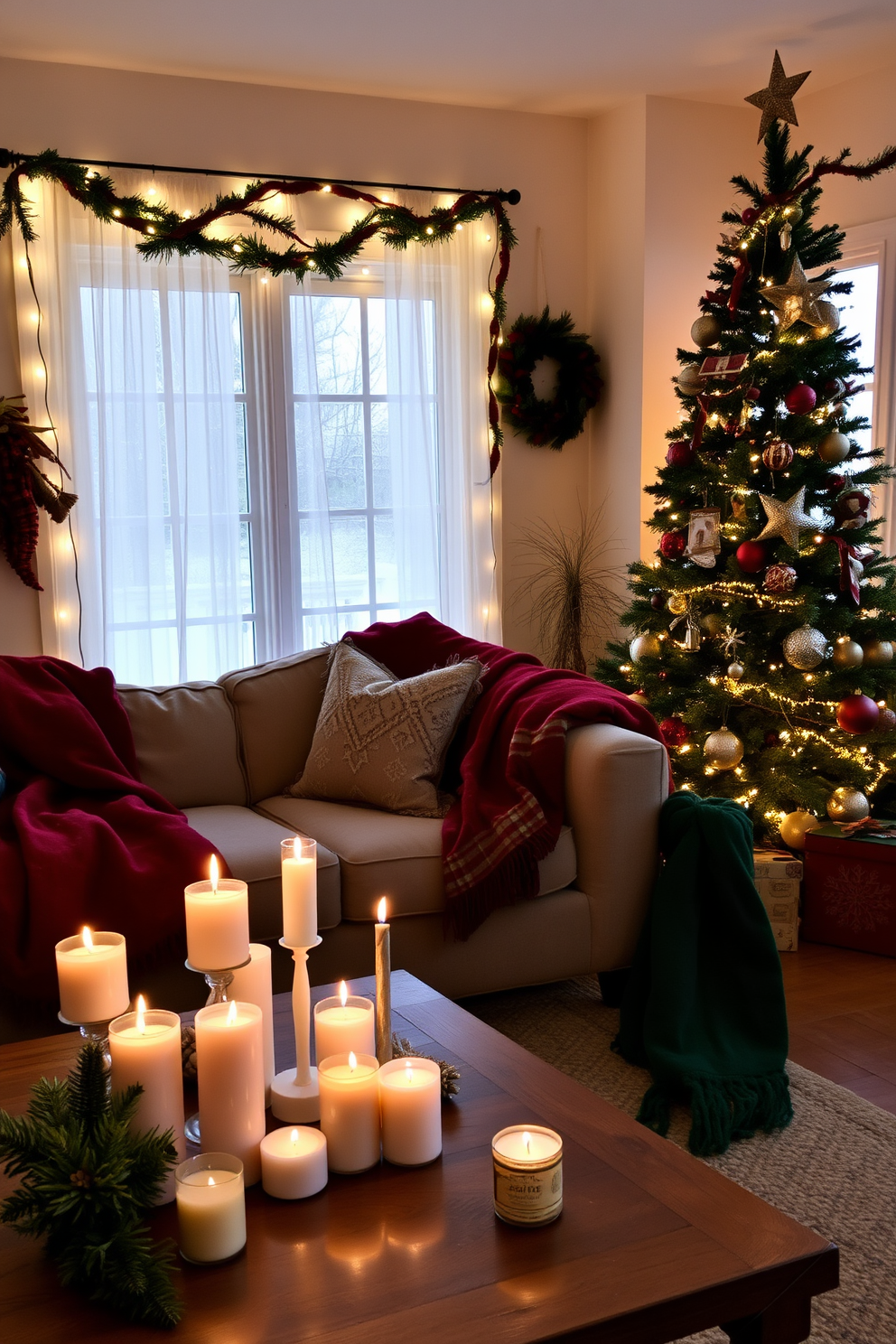 A cozy living room adorned with winter decorations. Soft white lights twinkle around the windows, while an array of candles in varying heights flicker gently on the coffee table, creating a warm ambiance. Plush throws in deep reds and greens drape over the sofa, inviting relaxation. A beautifully decorated evergreen tree stands in the corner, adorned with rustic ornaments and topped with a star.