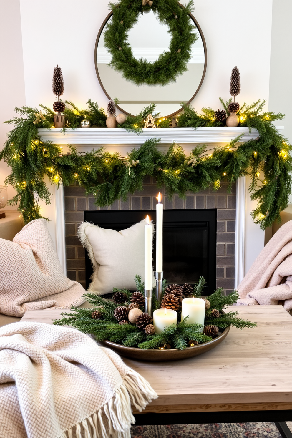 A cozy living room adorned with winter decorations. Evergreen branches are elegantly draped over the mantelpiece, complemented by twinkling fairy lights and rustic ornaments. The coffee table features a centerpiece of pinecones and candles nestled among fresh greenery. Plush throw blankets in soft neutral tones are casually arranged on the couch, inviting warmth and comfort.