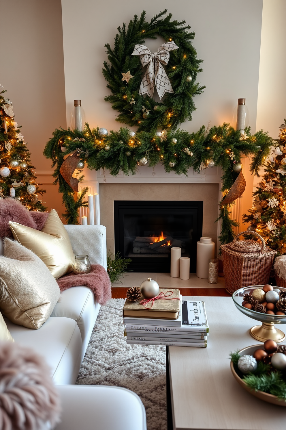 A cozy living room adorned with winter decorations. The space features a plush white sofa draped with a luxurious faux fur throw and accented with metallic pillows. A beautifully decorated fireplace is the focal point, surrounded by evergreen garlands and twinkling fairy lights. A coffee table is topped with a stack of seasonal books and a decorative bowl filled with pinecones and ornaments.