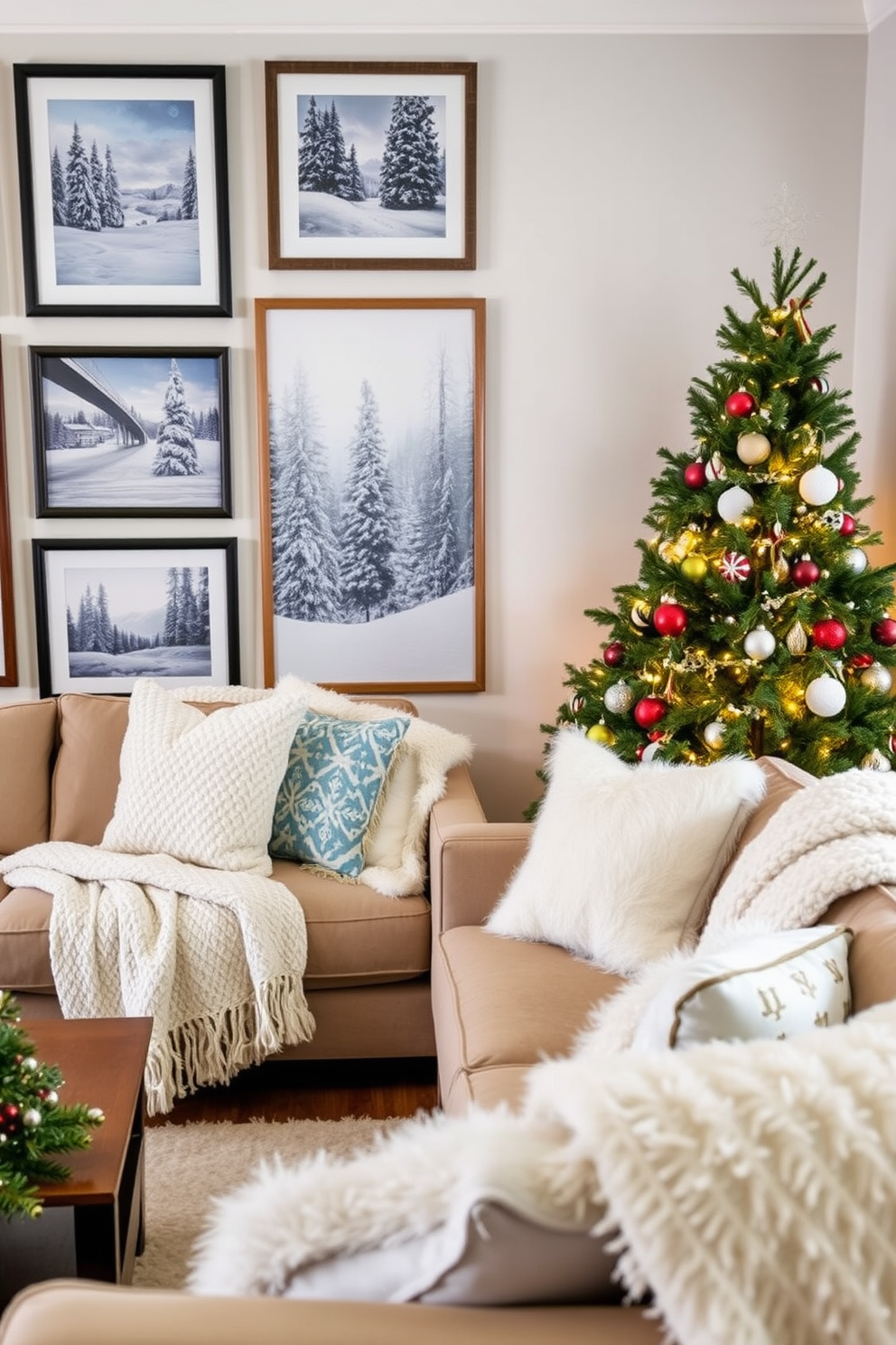 A cozy living room adorned with seasonal artwork that captures the essence of winter. The walls are decorated with framed prints of snowy landscapes and festive holiday scenes, creating a warm and inviting atmosphere. Soft, plush throws in shades of white and icy blue are draped over the furniture, adding texture and comfort. A beautifully decorated evergreen tree stands in the corner, twinkling with lights and colorful ornaments, enhancing the winter wonderland feel.