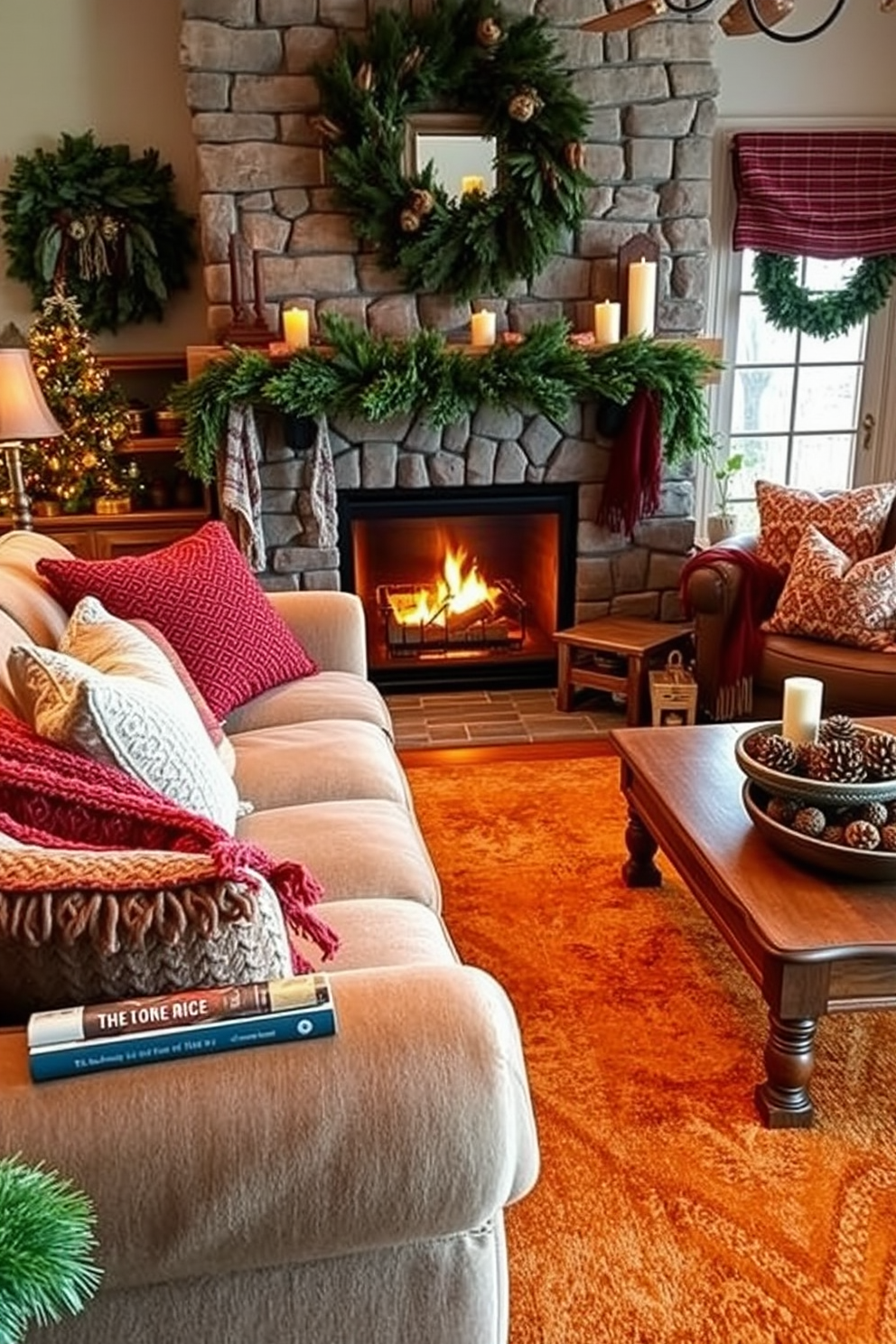 A cozy living room adorned with warm color palettes featuring rich browns, deep reds, and soft gold accents. A plush, oversized sofa is complemented by knitted throw blankets and an array of patterned cushions, creating an inviting atmosphere. The fireplace is the focal point, framed by a rustic mantel decorated with seasonal greenery and candles. A large area rug in warm earth tones anchors the space, while a wooden coffee table holds a stack of winter-themed books and a decorative bowl filled with pinecones.