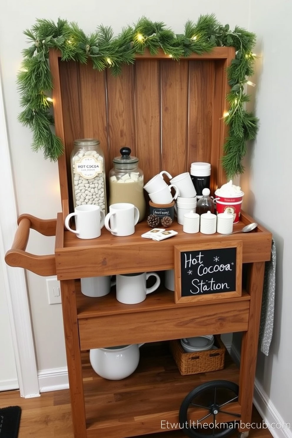 Create a cozy hot cocoa station in the kitchen with a rustic wooden cart. On top of the cart, arrange a variety of mugs, a hot cocoa mix jar, and toppings like marshmallows and whipped cream. Surround the station with festive winter decorations such as pinecones and string lights. Add a small chalkboard sign that reads Hot Cocoa Station to invite guests to indulge.