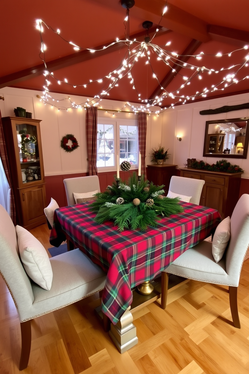 A cozy winter dining room features a large wooden table covered with a warm plaid tablecloth in shades of red and green. Surrounding the table are upholstered chairs with soft cushions, creating an inviting atmosphere for family gatherings. The room is adorned with twinkling fairy lights strung across the ceiling, adding a magical touch to the space. A centerpiece of evergreen branches and pinecones sits on the table, enhancing the seasonal decor and bringing the outdoors inside.