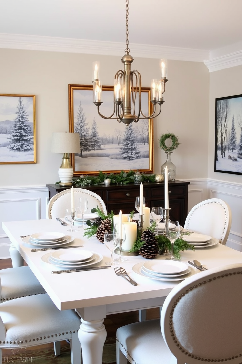 A cozy winter dining room adorned with winter-themed artwork on the walls. The dining table is set with elegant white dinnerware and seasonal centerpieces featuring pinecones and greenery.