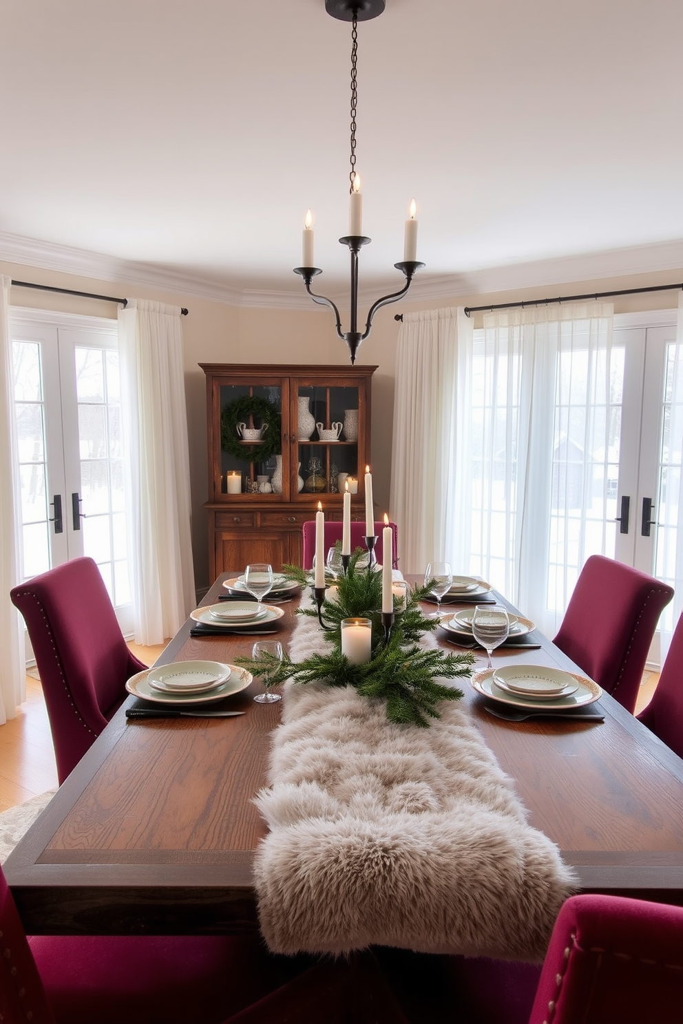 A cozy winter dining room featuring a large wooden table set for a festive meal. The table is adorned with elegant dinnerware and a centerpiece of pine branches and candles, while a soft faux fur runner adds warmth and texture. Surrounding the table are upholstered chairs in rich jewel tones, creating a welcoming atmosphere. The walls are painted in a soft cream color, and large windows are draped with sheer white curtains that allow natural light to filter in.