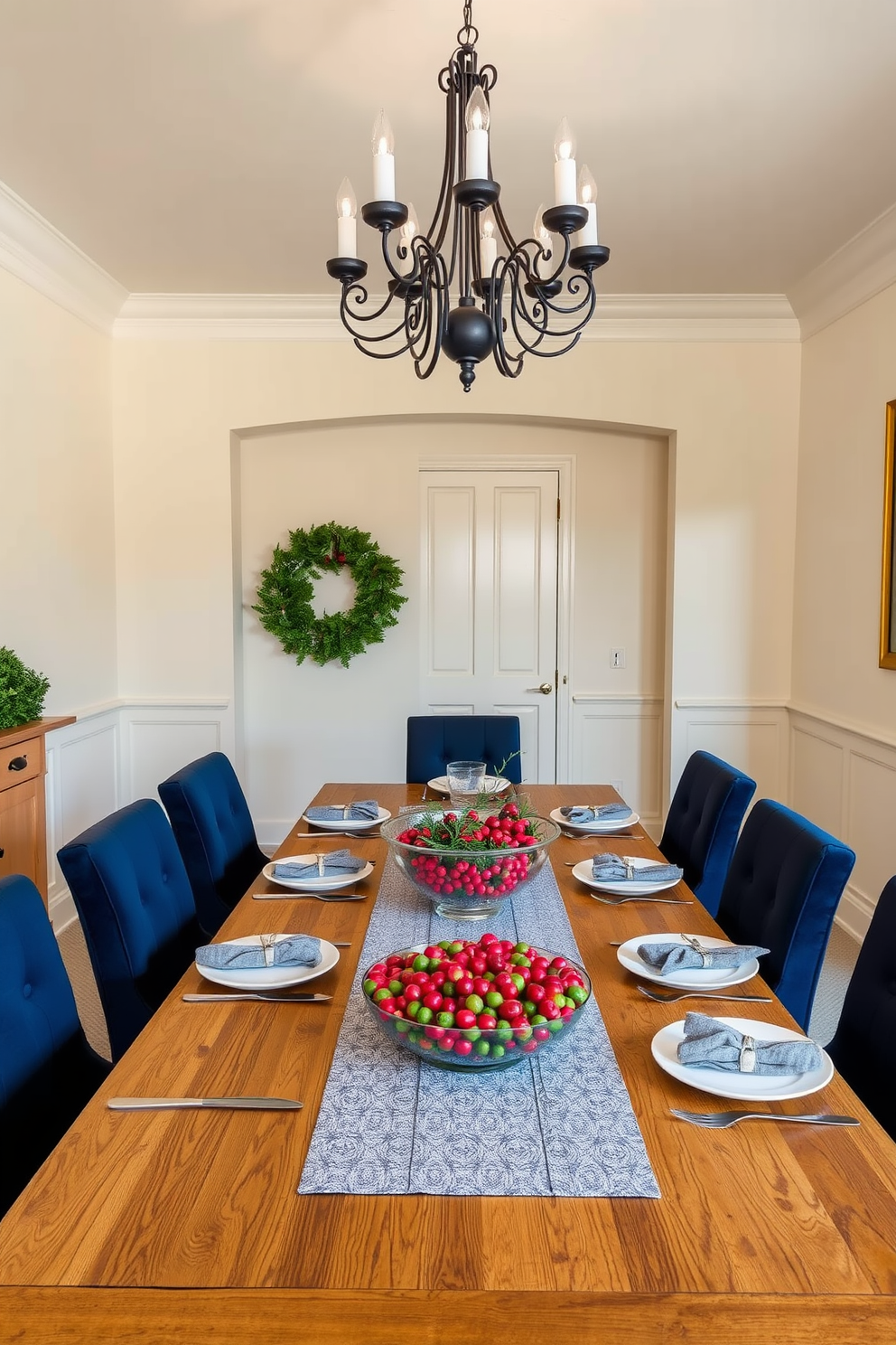 A cozy winter dining room featuring a large wooden table set for a festive meal. Surrounding the table are upholstered chairs in a rich navy blue, with a centerpiece of vibrant red and green berries in a glass bowl. The walls are painted in a warm cream tone, creating a welcoming atmosphere. Soft, ambient lighting from a stylish chandelier casts a gentle glow over the space, enhancing the seasonal decor.