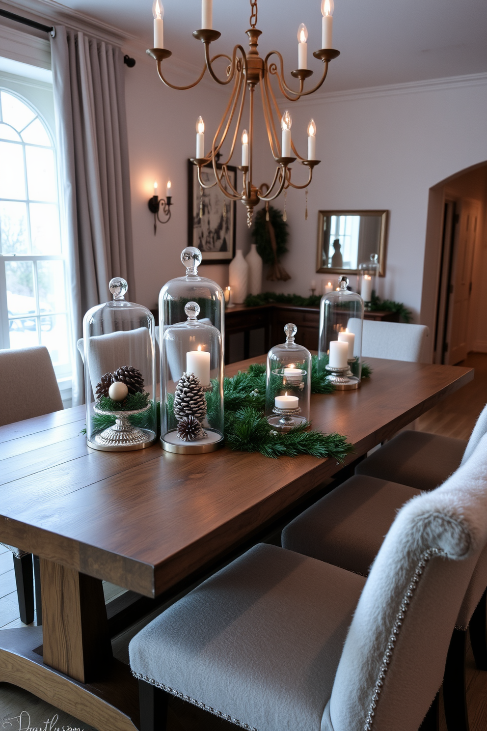 A beautiful winter dining room setting adorned with seasonal fruit arrangements. A large wooden dining table is elegantly set with a white tablecloth and gold cutlery, surrounded by plush upholstered chairs. On the table, a centerpiece features a vibrant arrangement of seasonal fruits such as pomegranates, oranges, and apples nestled among evergreen branches. The room is softly lit by a chandelier, casting a warm glow on the rich, dark wood accents and the frosted window panes.