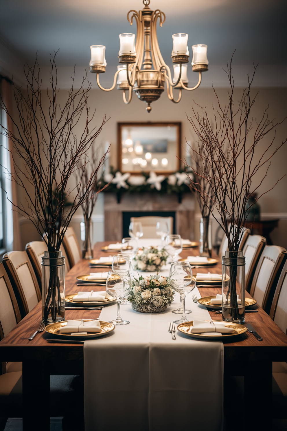 A winter dining room setting features a long wooden table set for an elegant dinner. Tall vases filled with bare winter branches stand at either end of the table, adding height and a touch of nature to the decor. The table is adorned with a crisp white tablecloth and gold-accented dinnerware. Soft, ambient lighting from a chandelier above casts a warm glow, creating a cozy atmosphere for winter gatherings.