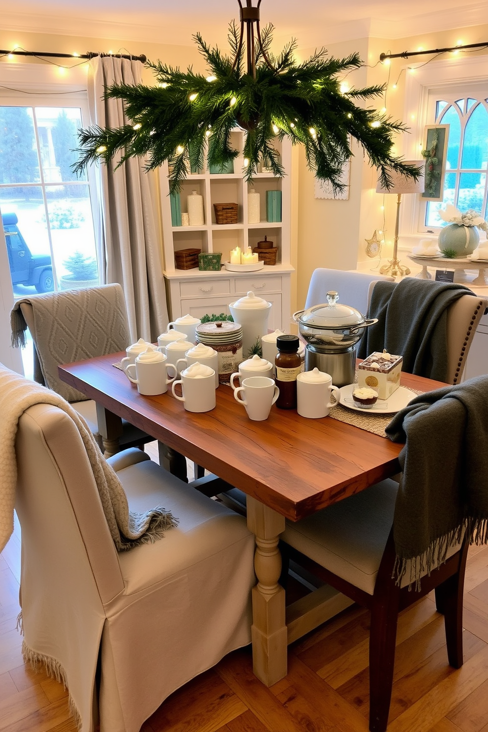 A cozy hot chocolate station is set up in the corner of a beautifully decorated winter dining room. The station features a rustic wooden table adorned with an assortment of mugs, whipped cream, and various toppings like marshmallows and chocolate shavings. Surrounding the table are comfortable chairs draped with soft, warm blankets. The dining room is illuminated by soft fairy lights and a centerpiece of evergreen branches, creating a warm and inviting atmosphere perfect for winter gatherings.