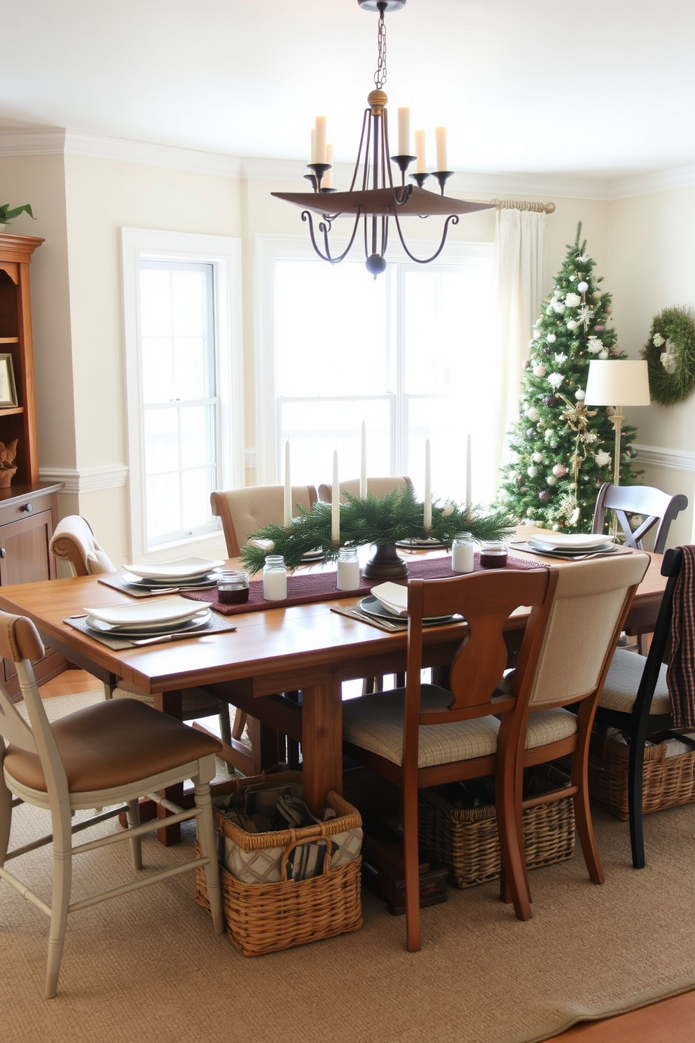 A cozy winter dining room featuring a rustic wooden dining table surrounded by upholstered chairs in warm tones. The table is adorned with wooden serving boards displaying an array of seasonal foods, complemented by soft candlelight and evergreen centerpieces. The walls are painted in a soft cream color, enhancing the warmth of the space. Large windows allow natural light to flood in, showcasing a serene winter landscape outside.