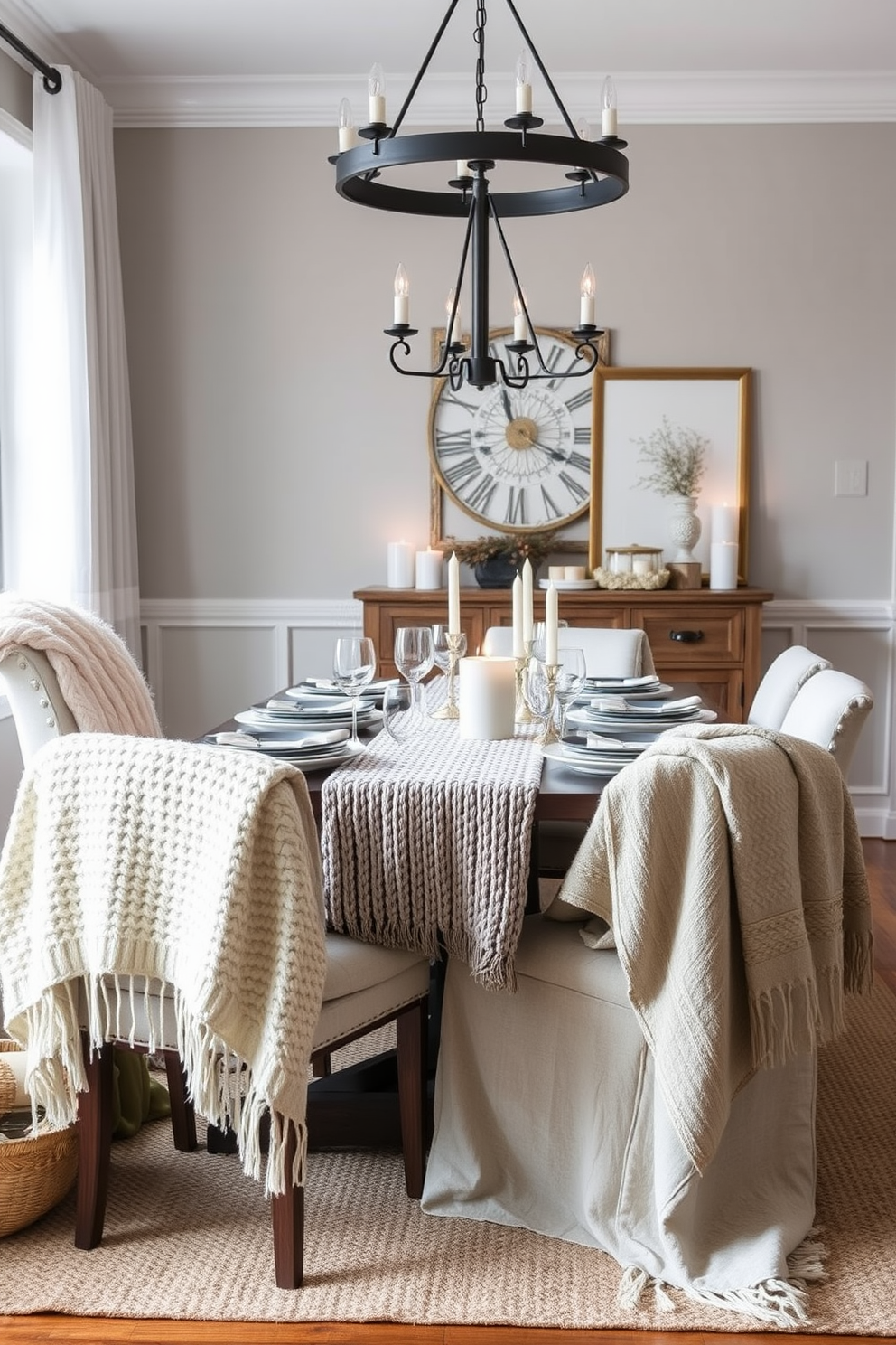 A cozy winter dining room featuring natural wood elements that exude rustic charm. The table is made of reclaimed wood, surrounded by mismatched wooden chairs that add character to the space. A large stone fireplace serves as the focal point, with a warm fire crackling softly. Soft, neutral textiles drape over the chairs, while evergreen garlands and candles adorn the table for a festive touch.