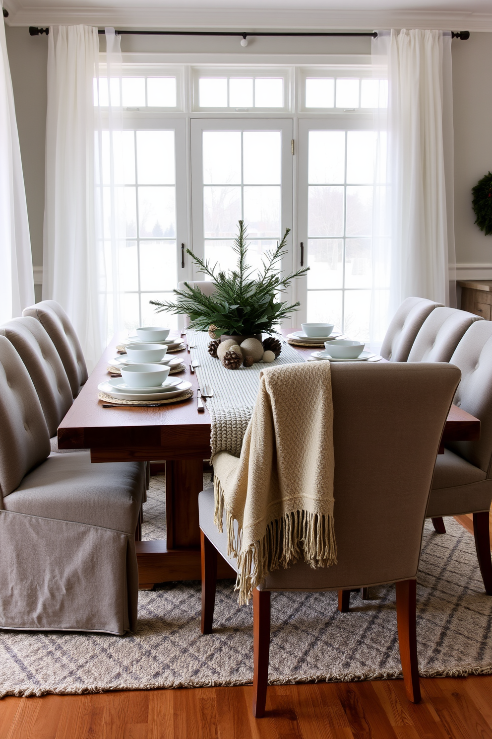 A cozy winter dining room adorned with mason jars filled with seasonal florals. The table is set with a rustic wooden centerpiece, and soft white string lights create a warm ambiance overhead.