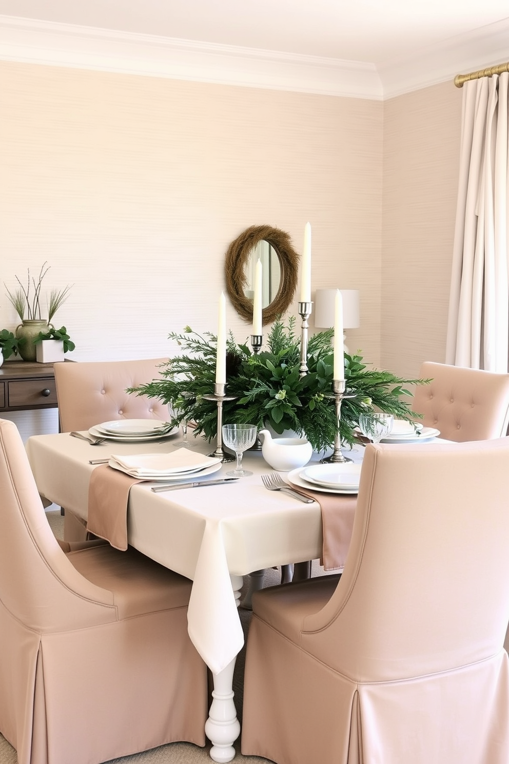 A cozy winter dining room with a neutral color palette. The table is set with soft beige linens and elegant white dinnerware, surrounded by upholstered chairs in a light taupe fabric. The walls are adorned with subtle textured wallpaper in a warm cream tone. A large centerpiece of greenery and white candles adds a touch of warmth and sophistication to the space.