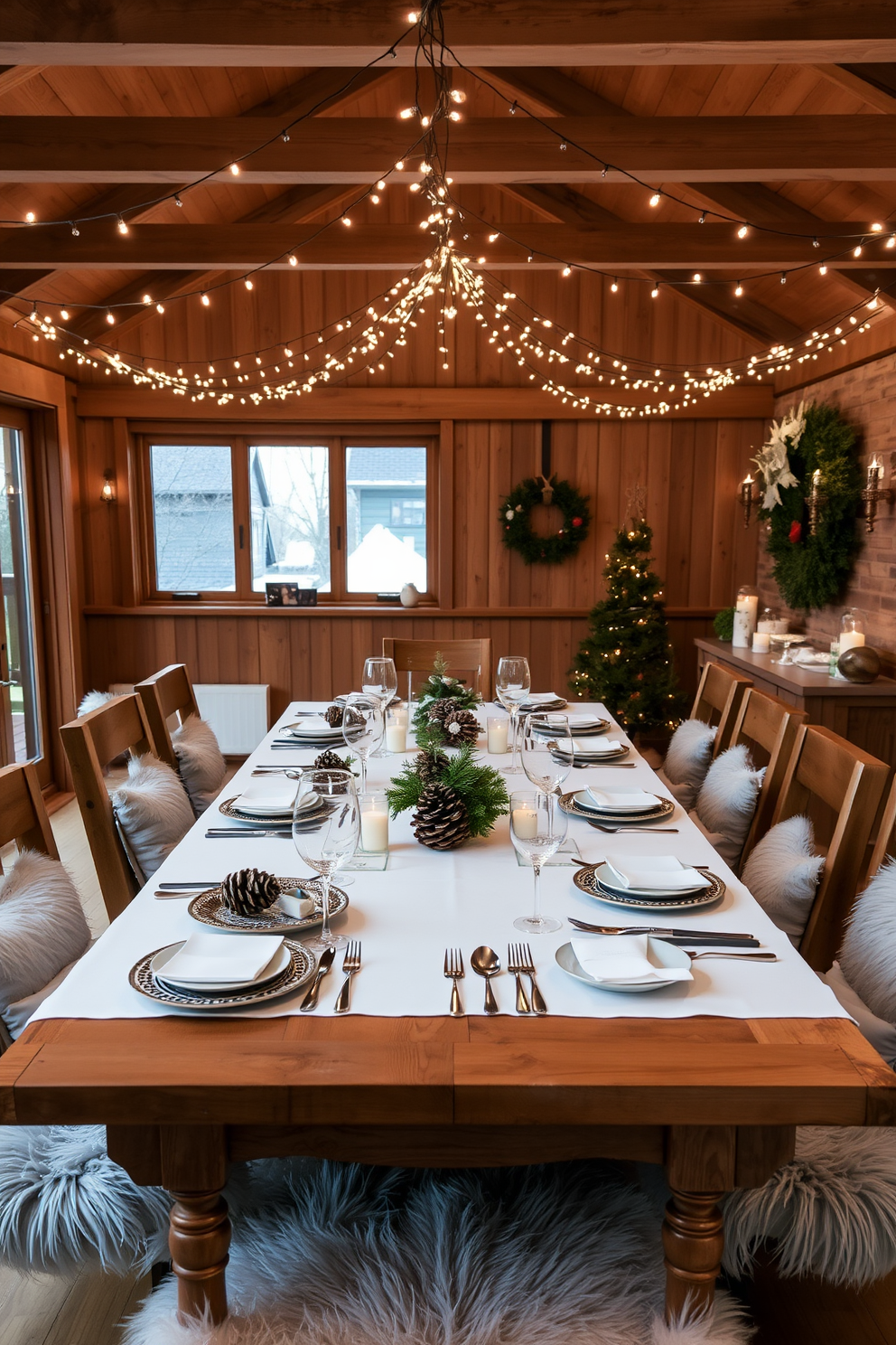 A cozy winter dining room featuring a large wooden table set for a festive meal. Twinkling fairy lights are draped across the ceiling, casting a warm glow over the space. The table is adorned with a white tablecloth, elegant dinnerware, and seasonal centerpieces made of pinecones and evergreen branches. Plush chairs with soft cushions surround the table, inviting guests to sit and enjoy the winter gathering.