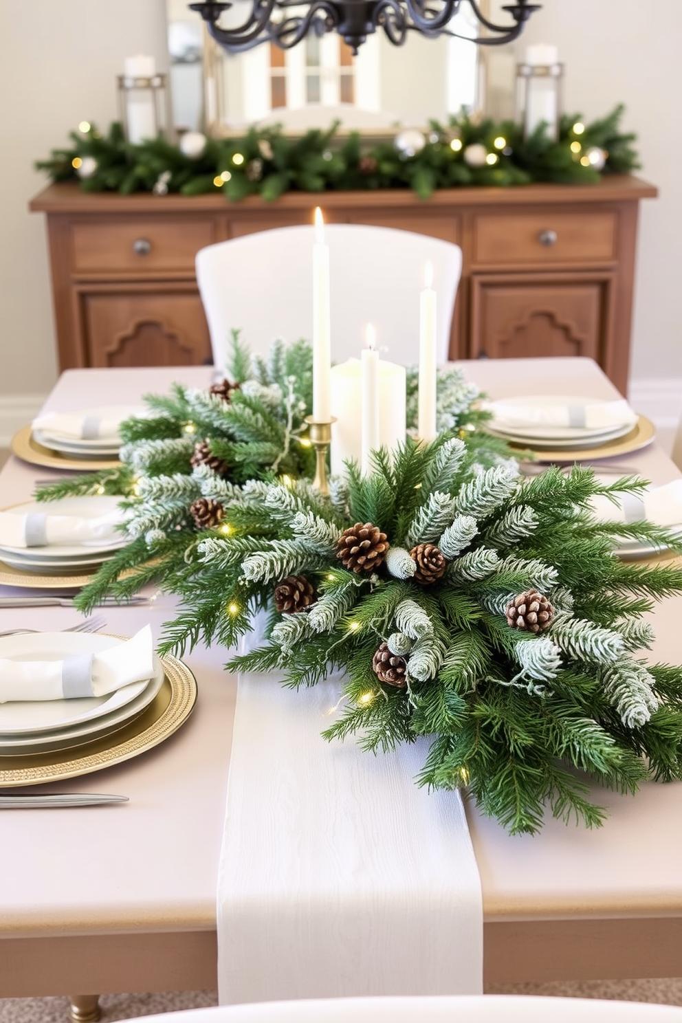 A winter-themed garland adorns the dining table, featuring lush evergreen branches intertwined with frosted pinecones and delicate white lights. The table is set with elegant dinnerware, and a centerpiece of candles adds a warm glow to the cozy atmosphere.