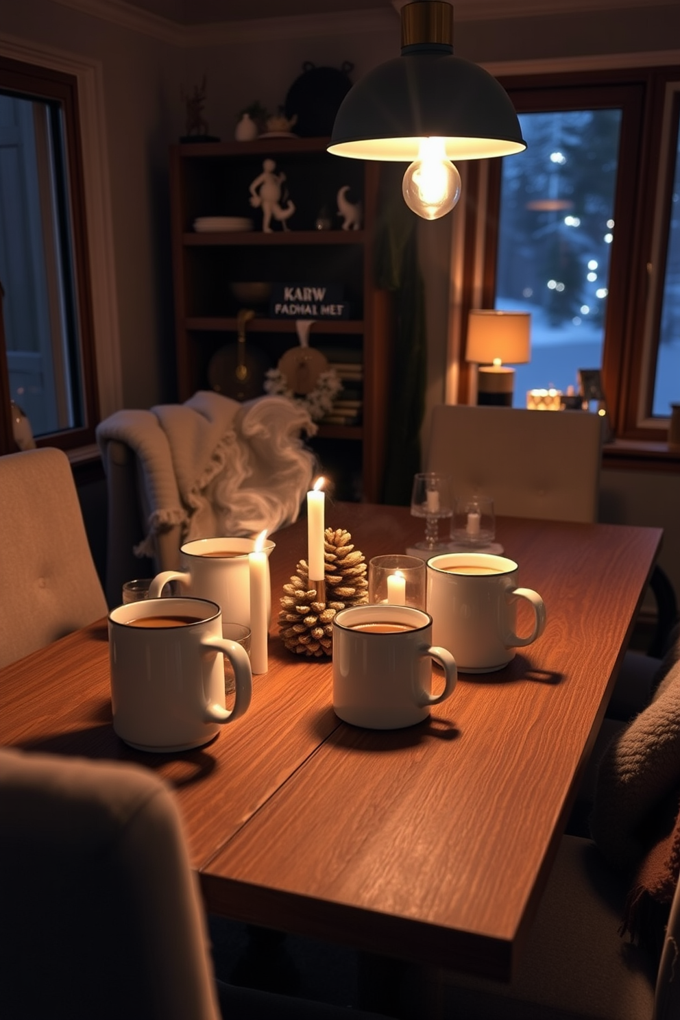 A winter dining room setting that exudes warmth and coziness. The table is set with oversized mugs, each filled with steaming hot beverages, creating an inviting atmosphere for guests. Soft, ambient lighting from pendant lamps casts a gentle glow over the table. Surrounding the table are plush upholstered chairs draped with soft blankets, enhancing the comfort of the space.