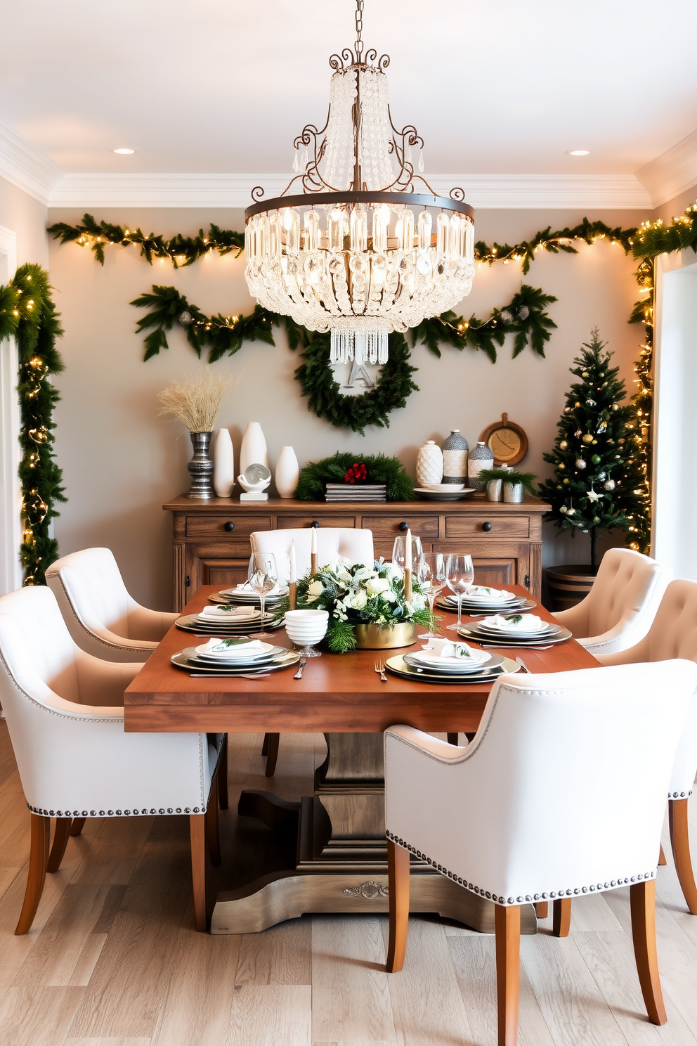 A cozy winter dining room features a large wooden table surrounded by plush upholstered chairs in soft neutral tones. Above the table, a stunning statement chandelier with crystal accents casts a warm glow, enhancing the inviting atmosphere. The walls are adorned with seasonal decorations, including garlands of evergreen and twinkling fairy lights. A rustic sideboard holds an array of winter-themed tableware, ready for festive gatherings.