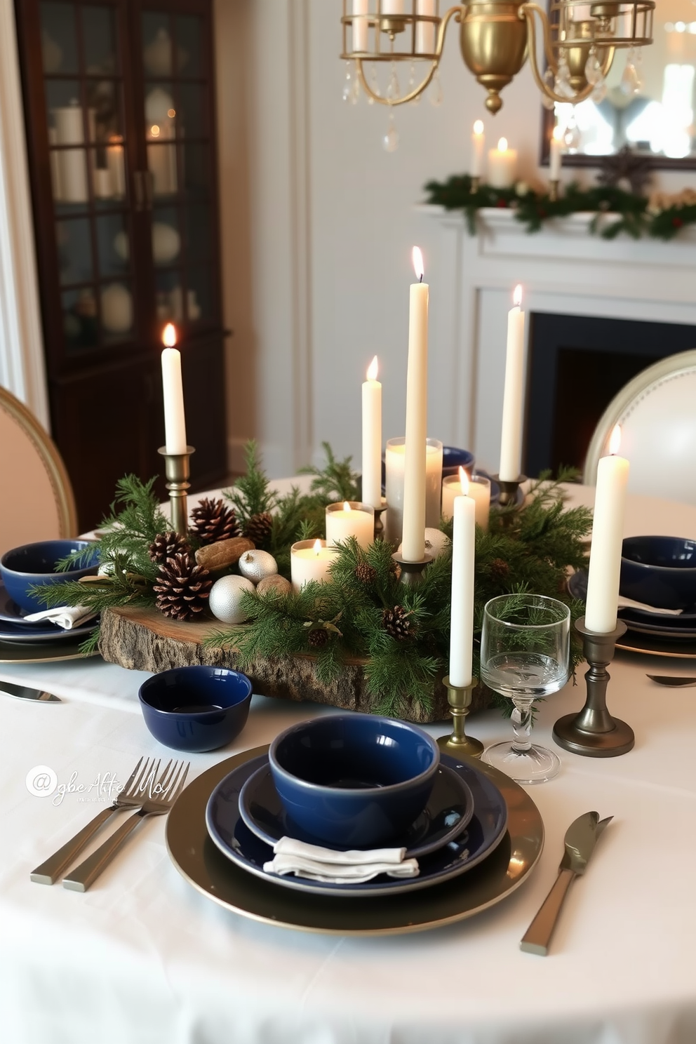 A winter dining room featuring rustic lanterns that emit a warm, cozy glow. The table is adorned with a plaid tablecloth, surrounded by mismatched wooden chairs, creating an inviting atmosphere.