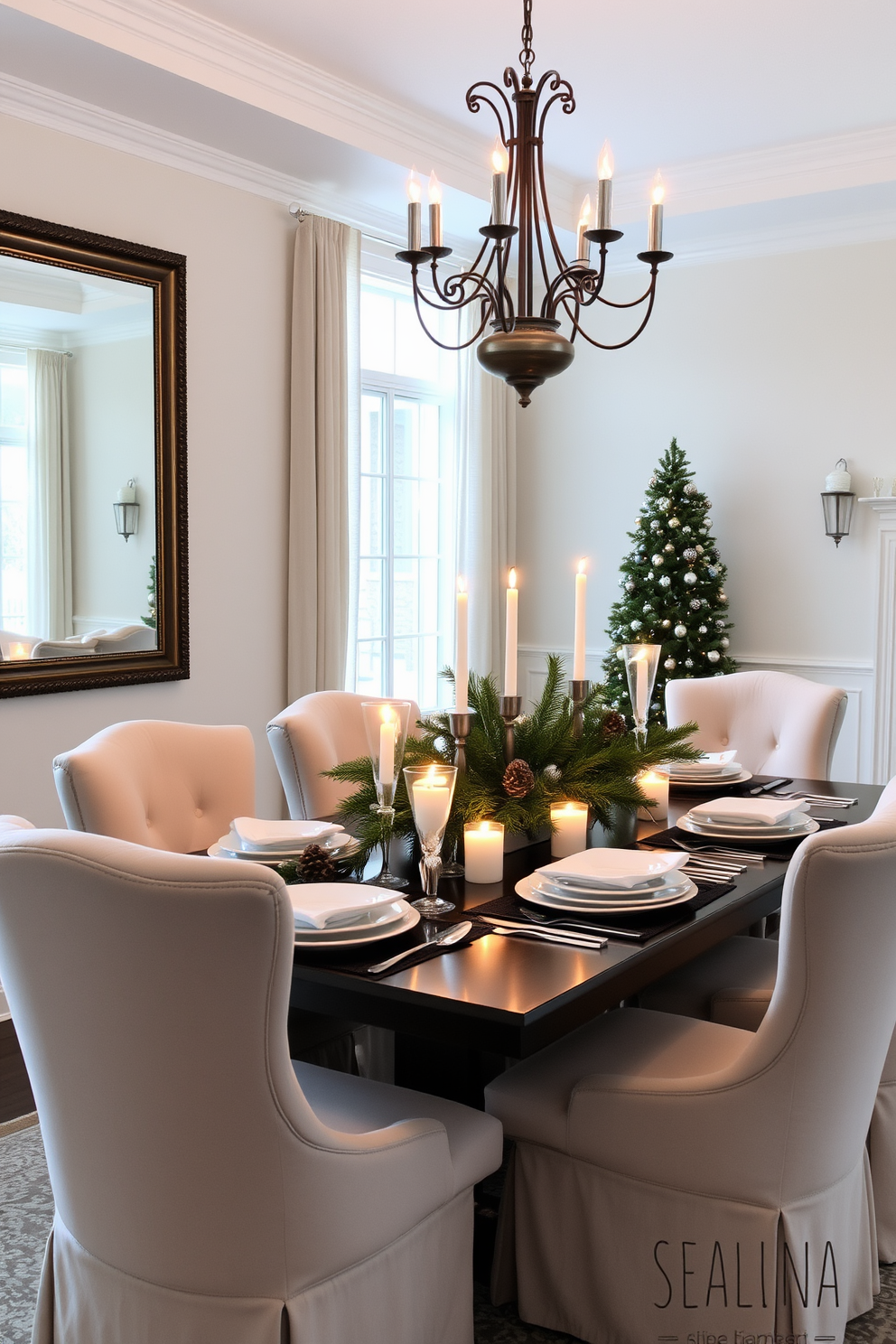 A winter dining room setting filled with natural light. The space features a large mirror on one wall, reflecting the soft glow of candles on the dining table. The table is set with elegant white dinnerware and silver flatware, surrounded by plush upholstered chairs. A centerpiece of evergreen branches and pinecones adds a seasonal touch to the decor.