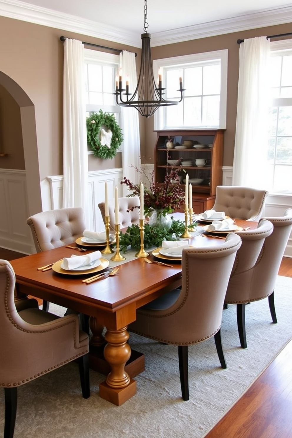 A cozy winter dining room features a large wooden table set for a festive meal. The table is adorned with a white tablecloth, rustic centerpieces made of pinecones and candles, and mismatched chairs for a casual touch. Chalkboard menus hang on the walls, displaying the evening's offerings in elegant handwriting. The warm glow of string lights overhead adds to the inviting atmosphere, creating a perfect setting for gatherings.