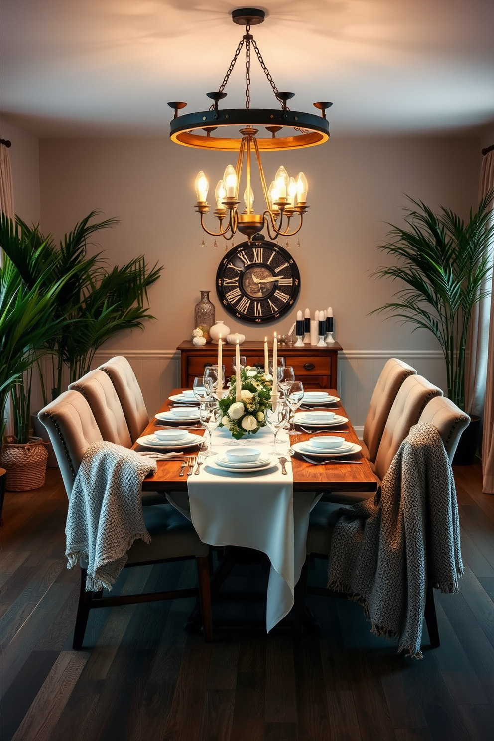 A vibrant winter dining room features a large wooden table surrounded by mismatched chairs in various colors. The table is set with colorful ceramic dishes that add a bright pop against a backdrop of soft white table linens and festive greenery.