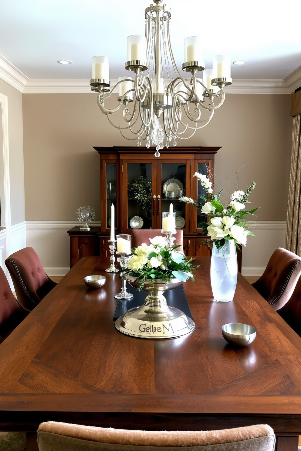 A winter dining room decorated for elegance features a large wooden dining table with a polished metallic centerpiece. Surrounding the table are upholstered chairs in rich fabrics, complemented by shimmering metallic accents in the form of candle holders and decorative bowls. The walls are adorned with soft, neutral tones that create a warm ambiance, while a statement chandelier with metallic finishes hangs above the table. Frosted glass vases filled with seasonal greenery and white flowers add a touch of freshness to the setting.