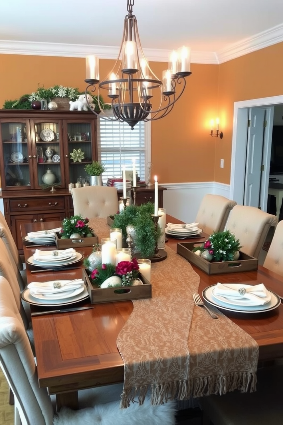 A cozy winter dining room featuring a large wooden table set for a festive meal. The table is adorned with decorative trays that hold seasonal centerpieces, candles, and elegant dinnerware. The walls are painted in a warm, inviting color, complemented by soft, ambient lighting. Plush chairs surround the table, and a beautiful table runner adds a touch of texture and warmth to the setting.