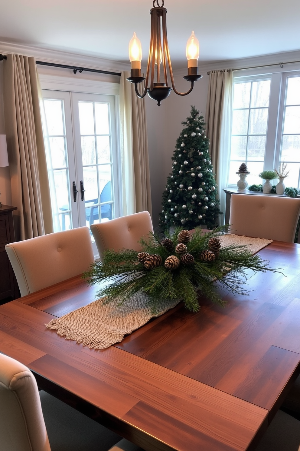 A cozy winter dining room setting filled with candles of varied heights to create a warm ambiance. The table is elegantly set with a white tablecloth, surrounded by plush chairs, and adorned with seasonal decorations.