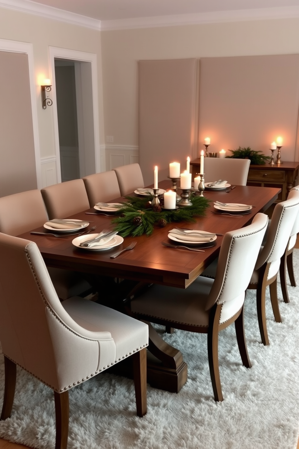 A cozy winter dining room setting with a large wooden table set for an intimate gathering. Surrounding the table are upholstered chairs in soft, neutral tones, and a centerpiece of evergreen branches and pinecones adds a seasonal touch. Warm candlelight flickers from elegant candlesticks placed along the table, creating a welcoming atmosphere. The walls are adorned with soft fabric panels, and a plush area rug anchors the space, inviting guests to linger.