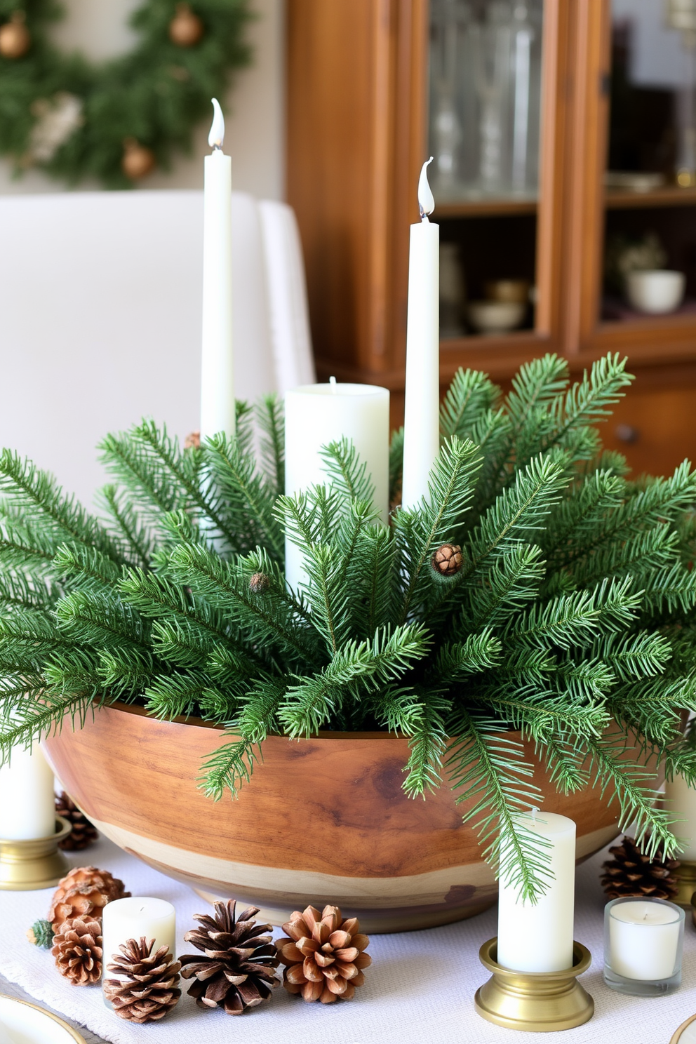 A winter dining room adorned with elegant glass cloches showcasing seasonal displays of pinecones and evergreen branches. The table is set with a crisp white tablecloth, and delicate candles flicker softly in the warm glow, creating a cozy atmosphere.