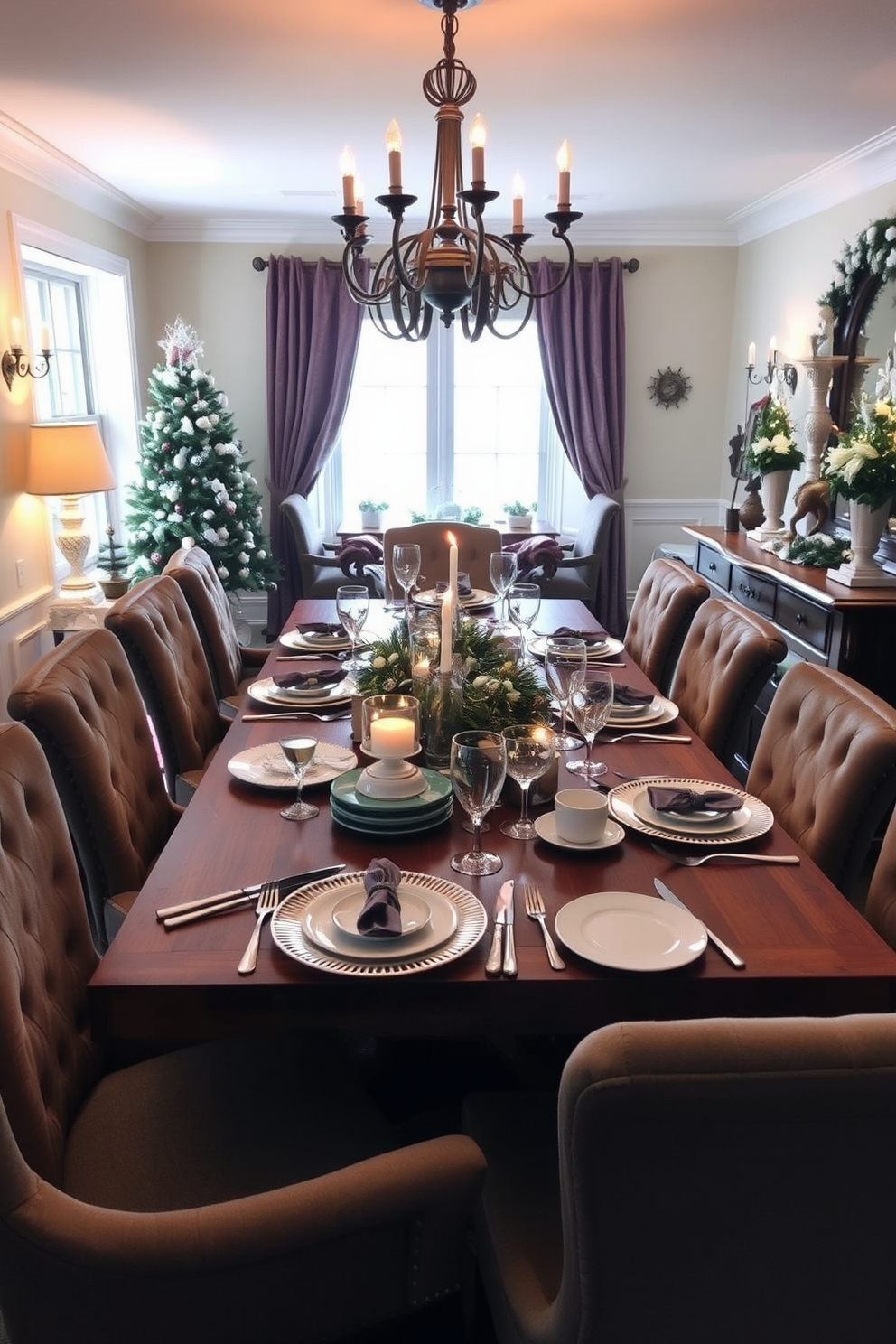 A cozy winter dining room featuring a large wooden table set for a festive meal. The table is adorned with a mix of vintage china and modern glassware, complemented by elegant silver cutlery and seasonal centerpieces. Soft, warm lighting illuminates the space, creating an inviting atmosphere. Plush chairs with rich upholstery surround the table, and a beautifully decorated sideboard displays additional tableware and winter decorations.