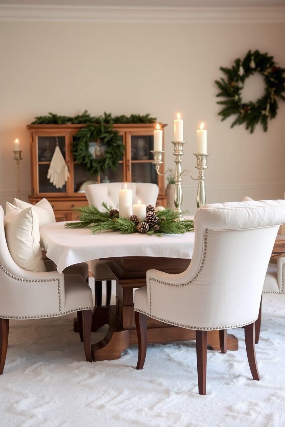 A cozy winter dining room setting. The table is adorned with a soft white tablecloth and surrounded by plush upholstered chairs featuring soft pillows for added comfort. A centerpiece of evergreen branches and pinecones adds a festive touch. Warm candlelight flickers from elegant holders, creating an inviting atmosphere for gatherings.