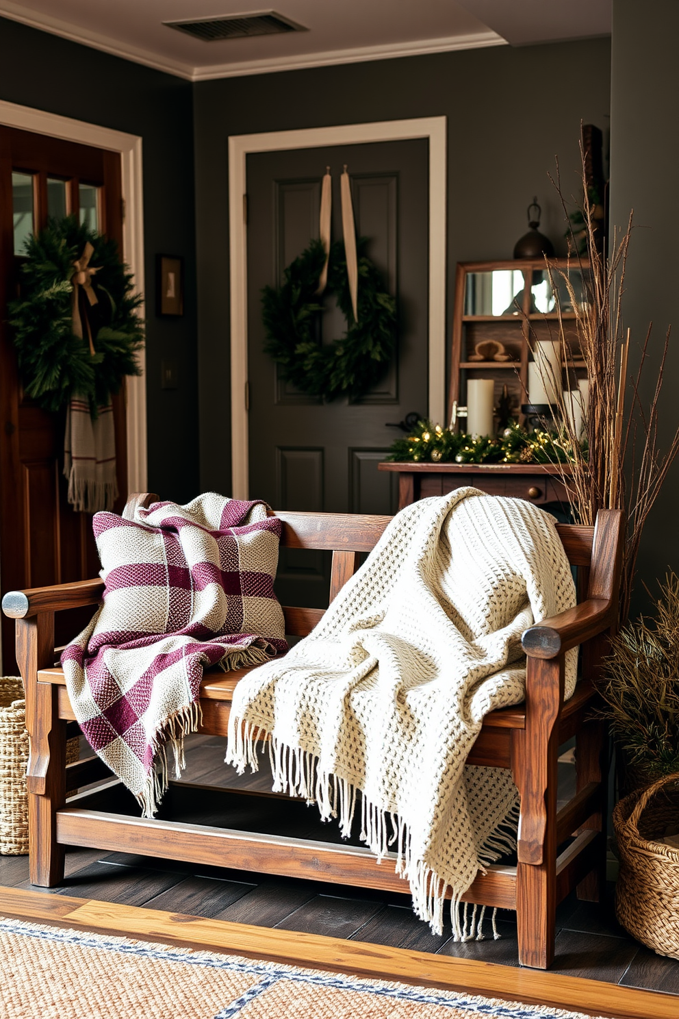 Cozy throw blankets are artfully draped over a rustic wooden bench situated in a warm winter entryway. The space is adorned with soft lighting and seasonal decorations, creating an inviting atmosphere that welcomes guests.