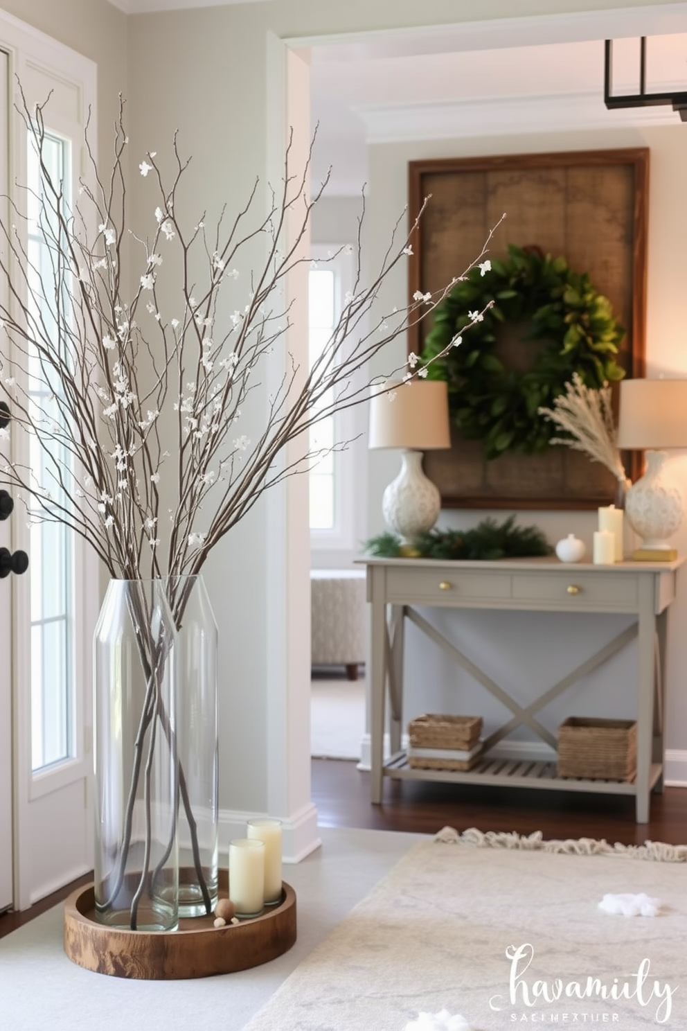 A charming winter entryway features glass vases filled with delicate winter branches creating a warm and inviting atmosphere. The entryway is adorned with a soft area rug and a stylish console table that complements the seasonal decor.